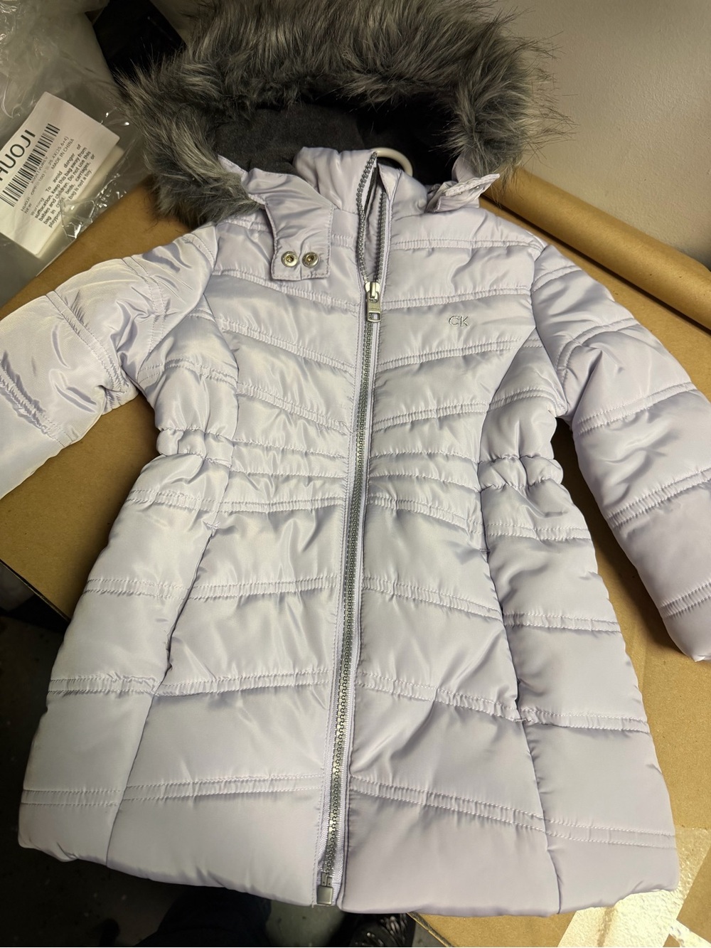 Calvin Klein Girls' Light Lavender Puffer Coat with Faux-Fur Hood Trim